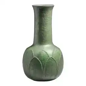 Massive Grueby Pottery 20"h Matte Green Double-Leaf Vase c1910