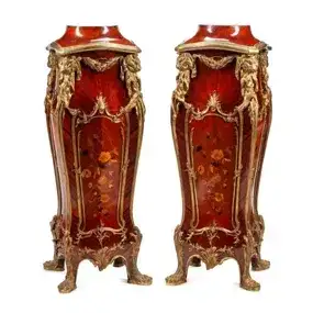 Pair of Louis XV Style Gilt Bronze Mounted Marquetry Pedestals