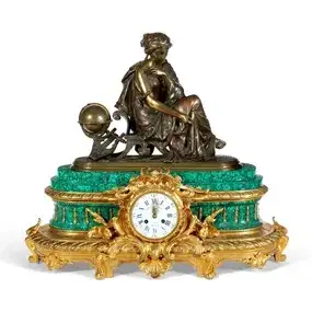 Napoleon III Ormolu Patinated - Bronze and Malachite Mantel Clock