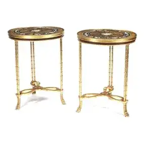 Pair of French Directoire Style Bronze Tables with Pietra Dura Marble Top