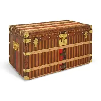 A Brown & Beige Striped Canvas Steamer 90 Trunk with Brass Hardware