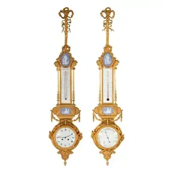 A French Neoclassical Gilt Bronze and Jasperware Cartel Clock and Barometer Set