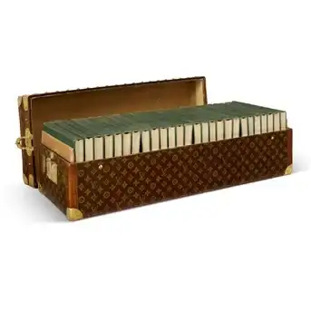 A Rare, Monogram Canvas Library Trunk with Set of 1911 Britannica Encyclopaedia with Brass Hardware