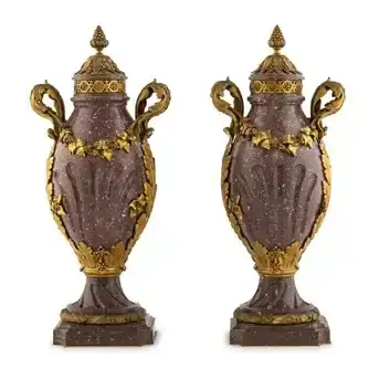 A Pair of Louis XV Style Gilt Bronze Mounted Porphyry Urns