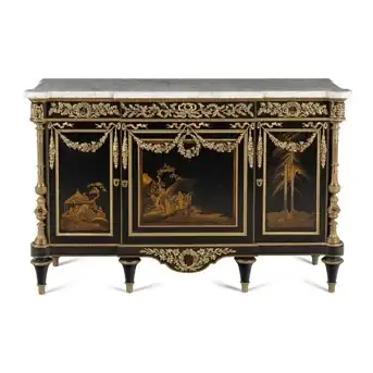 A Louis XVI Style Gilt Bronze Mounted Japanese Lacquer and Ebony Marble-Top Commode à Vantaux