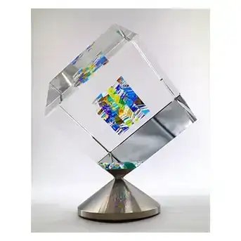 Jon Kuhn (American, B. 1949), 'Blue Moon - 2024' 6 Layers Glass Art Cube Sculpture, Rotating Base