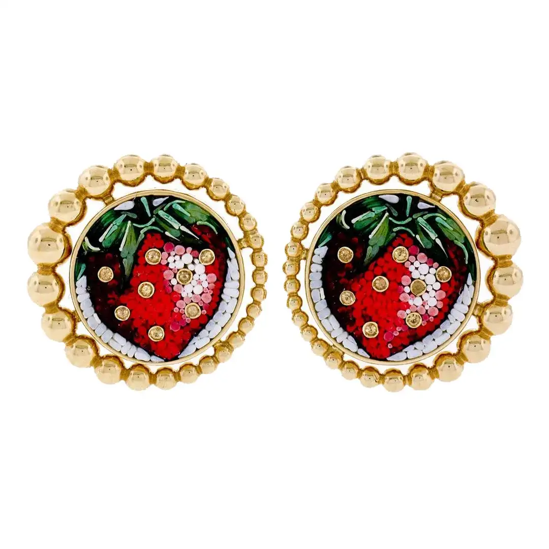 Sicis 18K Yellow Gold Micromosaic Strawberry with Yellow Sapphire Button Earrings