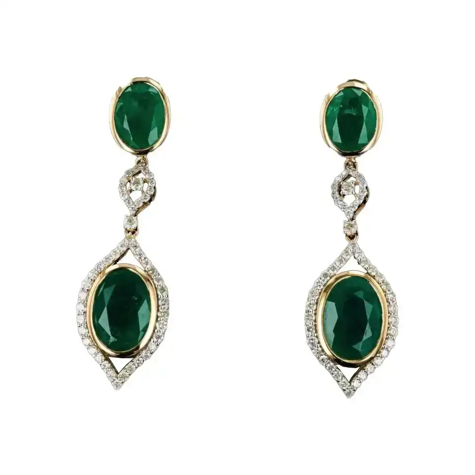 17.44 ctw Emerald and 1.55 ctw Diamond 18K Yellow Gold Dangle Earrings