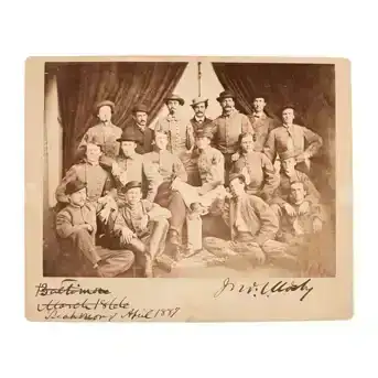 Albumen photograph featuring Mosby and 16 members of the 43rd Virginia Cavalry Battalion.