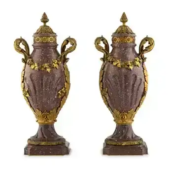 A Pair of Louis XV Style Gilt Bronze Mounted Porphyry Urns