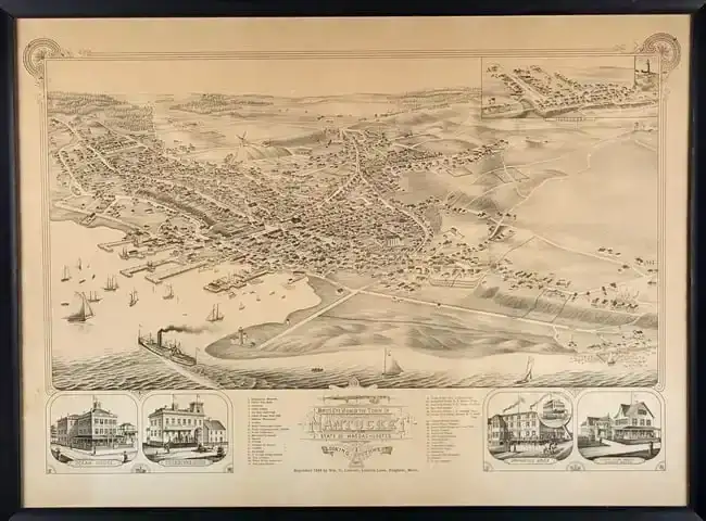 Vintage 1881 Bird’s Eye View of Nantucket Map, Reprinted in 1948 by Wm Lincoln