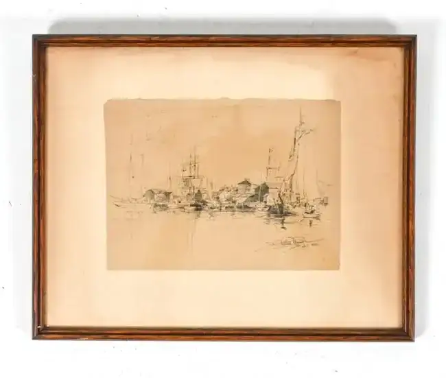 PEN AND INK DRAWING GLOUCESTER HARBOR DATED 1882