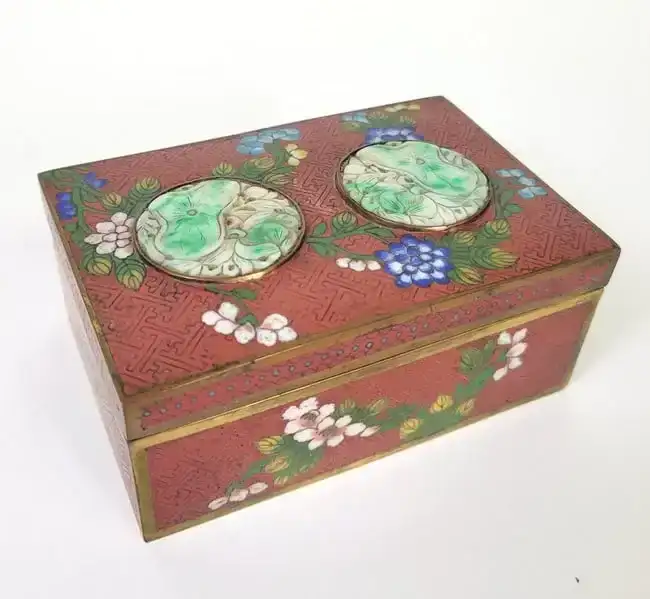 Antique 19th C. Chinese Green & White Jade Mounted Cloisonne Box