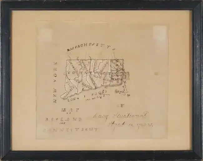 American Folk Art School Girl Hand Drawn Map of Connecticut and Rhode Island, circa 1840