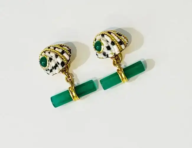 Pair of Seaman Schepps 18k Yellow Gold Shell Cufflinks with Green Chalcedony Bars