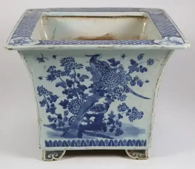 Antique Chinese Blue and White Square Porcelain Planter, 19th Century