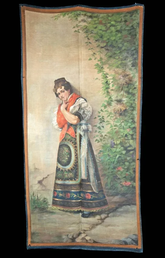 19th C. Painted Tapestry w/ Spanish Lady