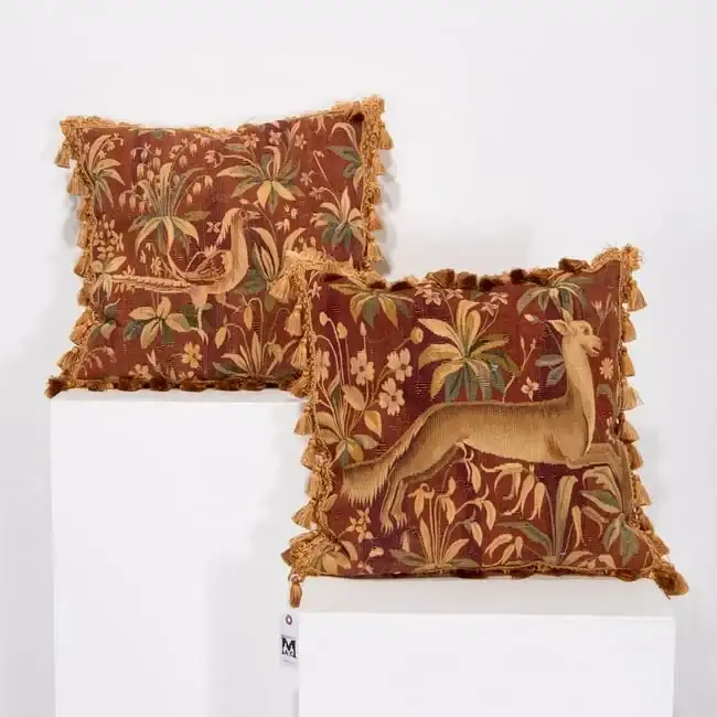 Nice pair Brussels tapestry and silk throw pillows