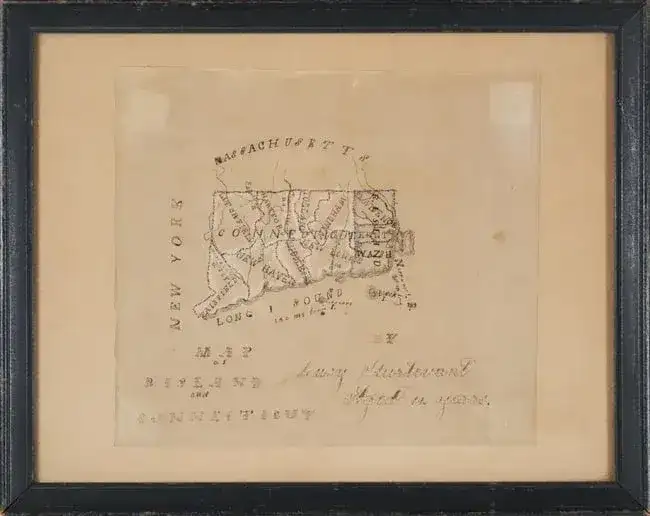 American Folk Art School Girl Hand Drawn Map of Connecticut and Rhode Island, circa 1840