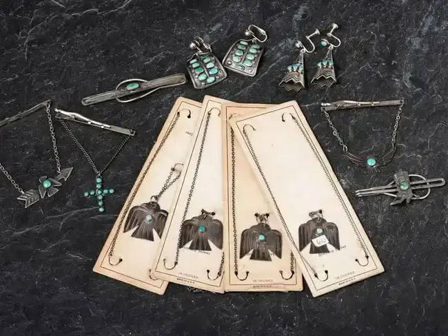 Navajo Silver and Turquoise Earrings, Tie Clips, and Necklaces