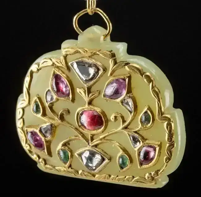 Indian Mughal Jade Holdali Pendant w/ Diamonds, Gems