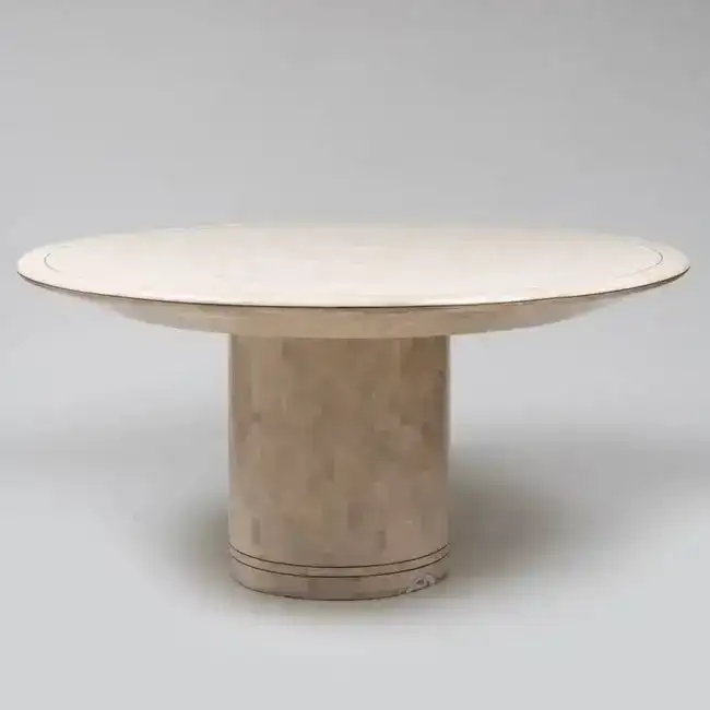 Modern Brass Inlaid Sliced Coral Veneer Pedestal Dining Table, Designed by Karl Springer