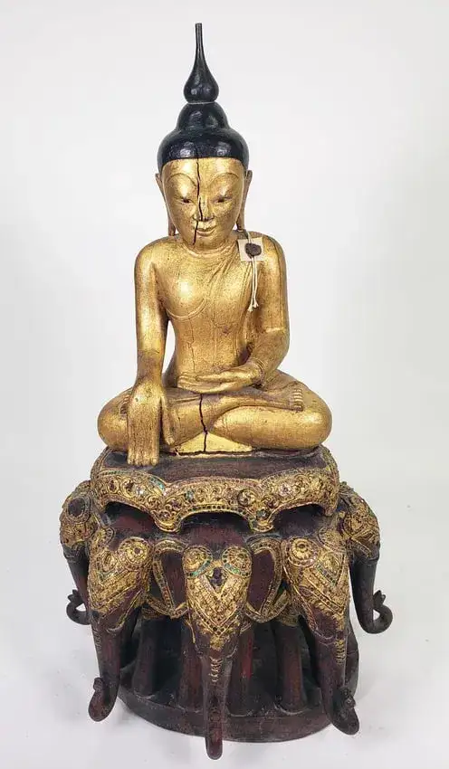 Carved and Painted Buddha and Royal Elephants Wood Sculpture, 20th century