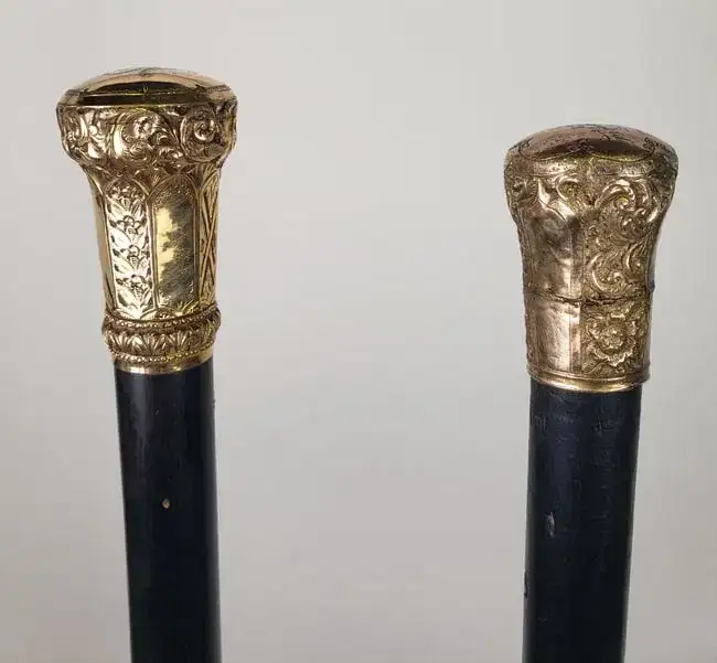 Two Antique Gold Filled Crown Presentation Walking Sticks, 19th Century