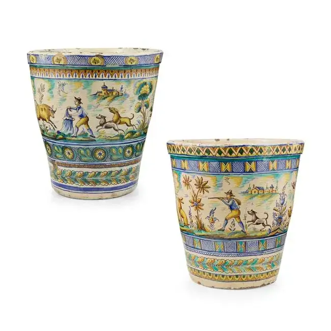 NEAR PAIR OF LARGE SPANISH TALAVERA FAIENCE JARDINIERES