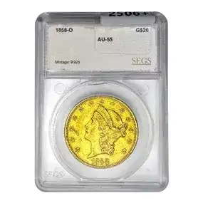 1858-O \\$20 Gold Double Eagle SEGS AU55