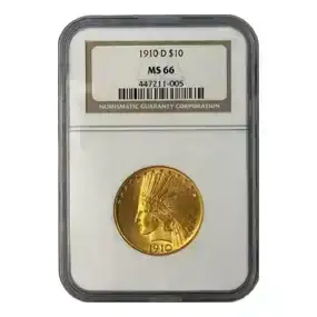 MS66 1910-D \\$10 Indian Head Gold Eagle Coin NGC Graded with Papers