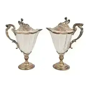 Tiffany & Co Sterling Silver Crystal Ewer Pitcher Figural Pair Antique