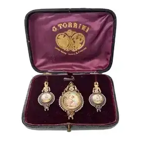 Stunning 18k Gold Pearl Enamel or Porcelain Master Giocondo Torrini Antique Earring & Pendant Suite