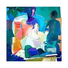 Ali Golkar Acrylic Painting, Interior Scene with Woman and Sculpture