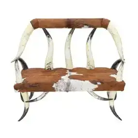 Unique Polished Steer Horn and Cow Hide Settee