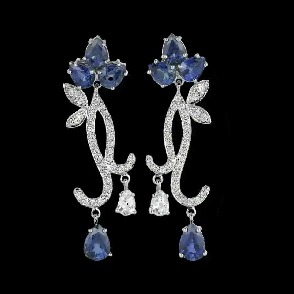 14K Gold 10.63cts Sapphire & 1.76cts Diamond Earrings