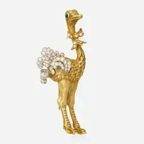 Donald Claflin for Tiffany & Co., diamond, bone, and emerald ostrich brooch