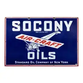 Socony Aircraft Oils SS Porcelain Sign w/ Monocoupe Airplane