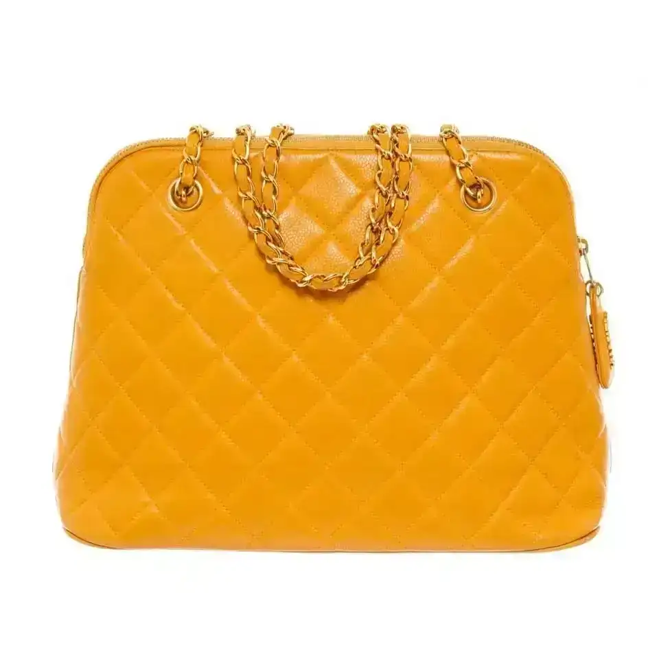 Chanel Vintage Yellow Caviarskin Leather Matelasse Chain Shoulder Bag