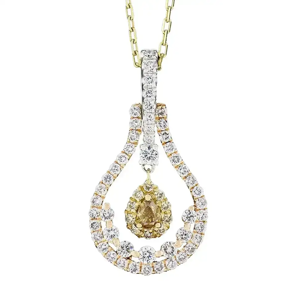 18K Gold 1.20 ctw White & Yellow Diamond Open Teardrop Dangle Pendant with 18" Chain