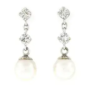 Vintage 14k White Gold 0.72 ctw Round Diamond & 7.5mm Pearl Drop Dangle Earrings