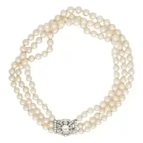 Ladies 3.49ct TW Diamond, Palladium & Cultured Akoya Pearl (6.5mm-7.5mm)<br>Triple-strand Necklace