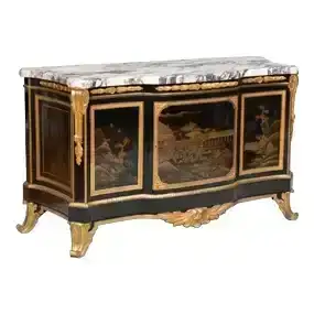 Louis XV/XVI Style <br>Gilt-Bronze-Mounted Ebony, Black Lacquer and Parcel-Gilt Commode