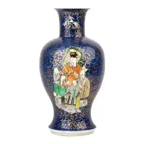 Daqing Yongzheng Year Made Mark, Blue-glazed Gold-painted Fu Lu Shou Lady Figure Vase