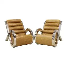 (2) French Modern Leather & Chrome Lounge Chairs