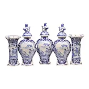 (5) Delft-Style Blue & White Garniture of Five Large Vases