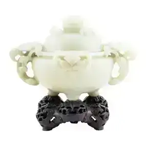 A White Jade Carved Lidded Tripod Censer on Stand