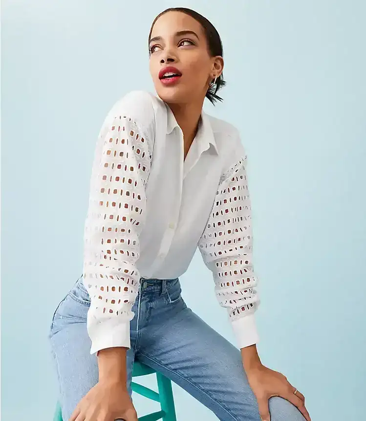 Eyelet Sleeve Cotton Blend Oversized Shirt