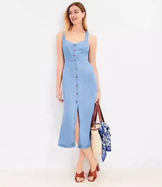 Chambray Crossover Back Button Midi Dress