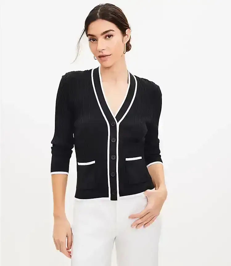 Tipped Ribbed V-Neck Pocket Cardigan